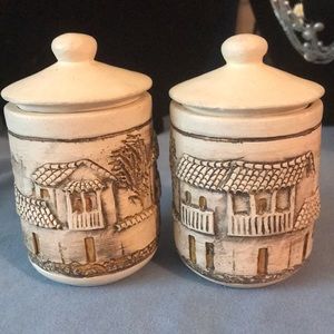 2 vintage clay spice jars